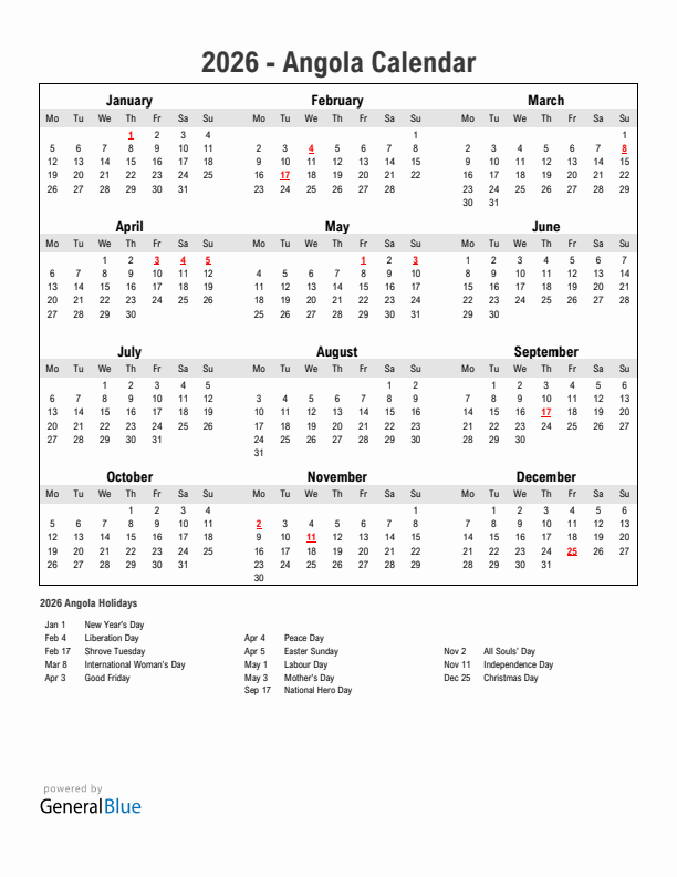 Year 2026 Simple Calendar With Holidays in Angola