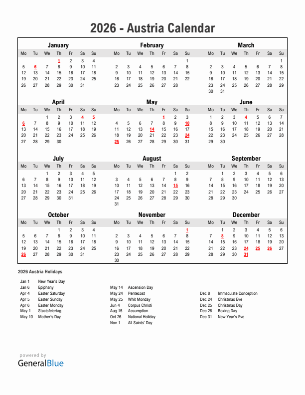 Year 2026 Simple Calendar With Holidays in Austria