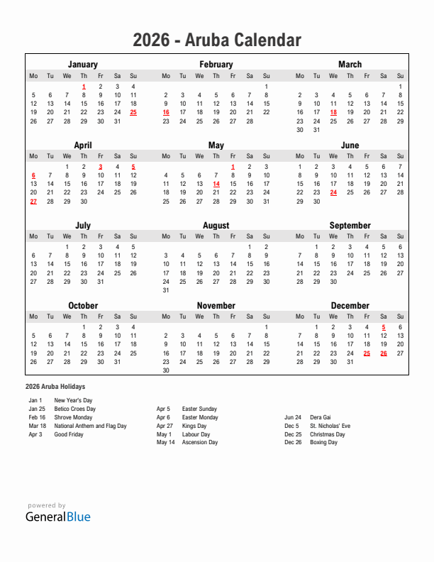 Year 2026 Simple Calendar With Holidays in Aruba