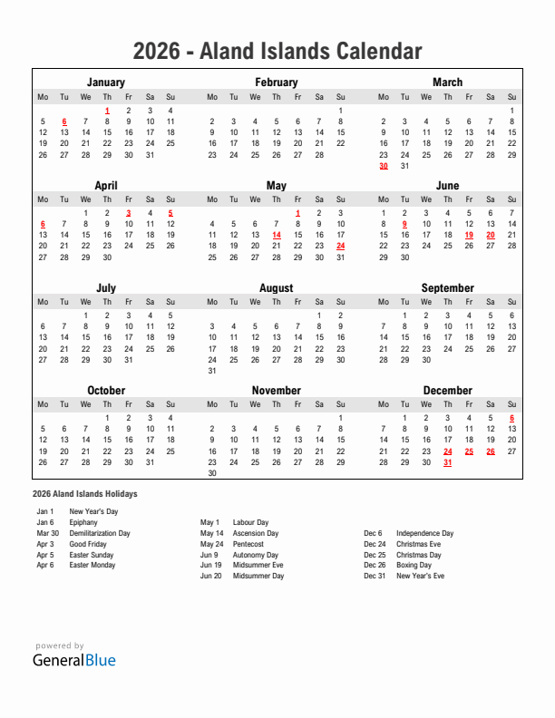 Year 2026 Simple Calendar With Holidays in Aland Islands