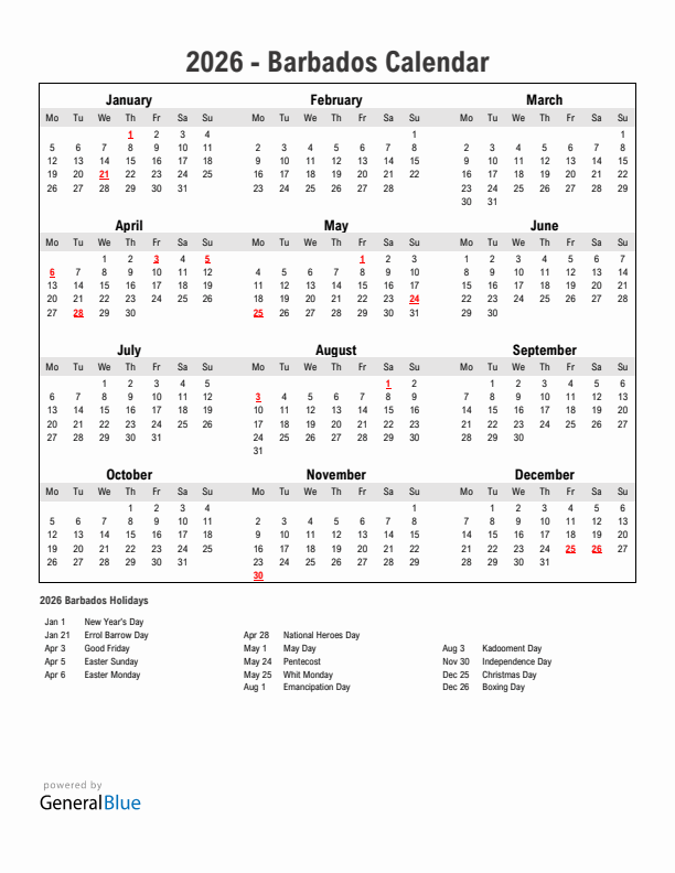 Year 2026 Simple Calendar With Holidays in Barbados