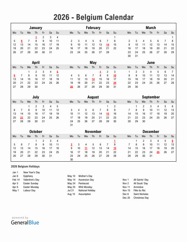 Year 2026 Simple Calendar With Holidays in Belgium