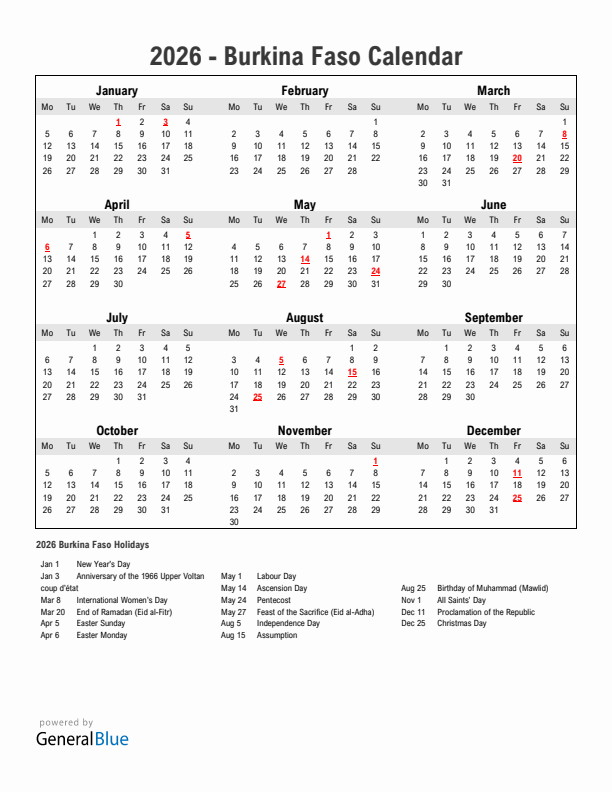 Year 2026 Simple Calendar With Holidays in Burkina Faso