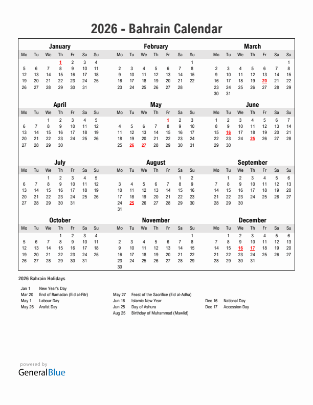 Year 2026 Simple Calendar With Holidays in Bahrain