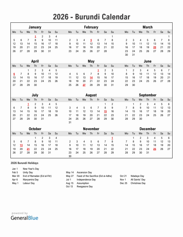 Year 2026 Simple Calendar With Holidays in Burundi