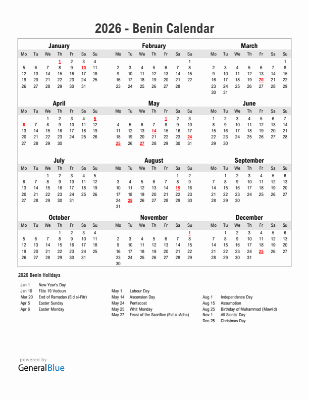 Year 2026 Simple Calendar With Holidays in Benin