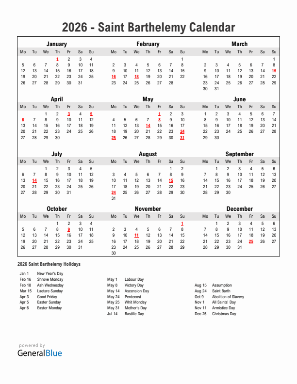 Year 2026 Simple Calendar With Holidays in Saint Barthelemy