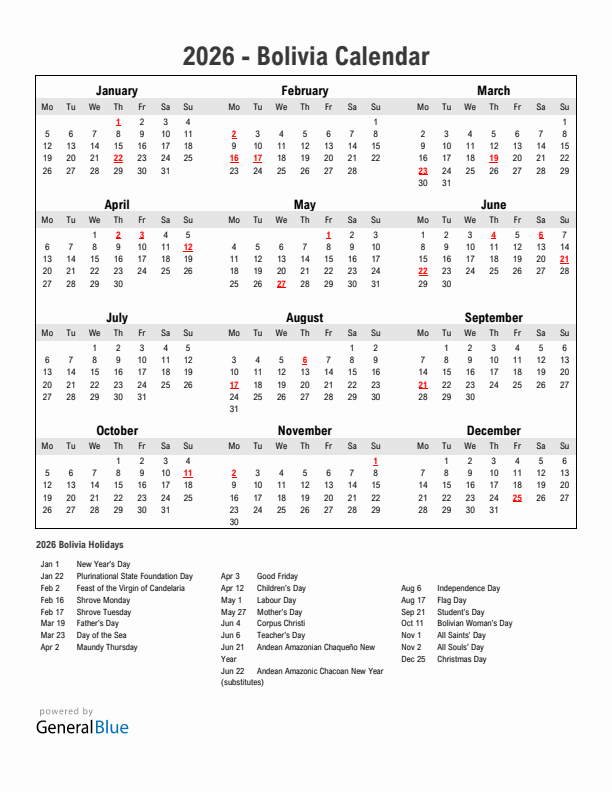 Year 2026 Simple Calendar With Holidays in Bolivia