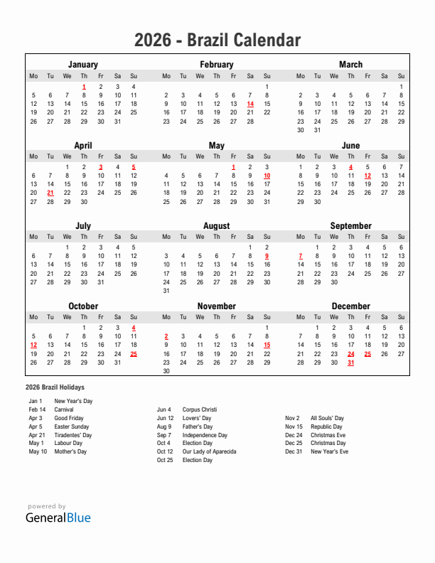 Year 2026 Simple Calendar With Holidays in Brazil