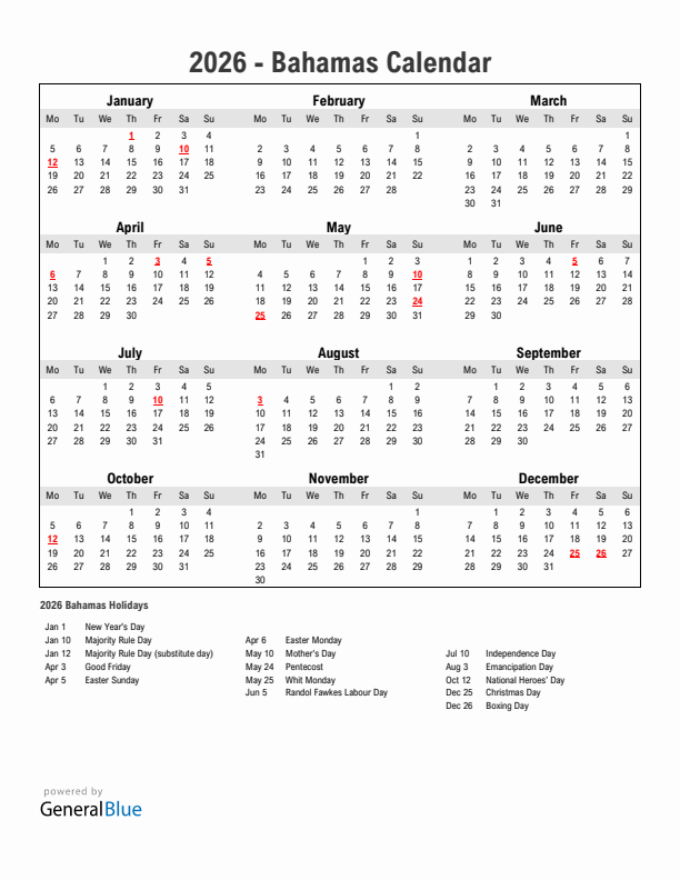 Year 2026 Simple Calendar With Holidays in Bahamas
