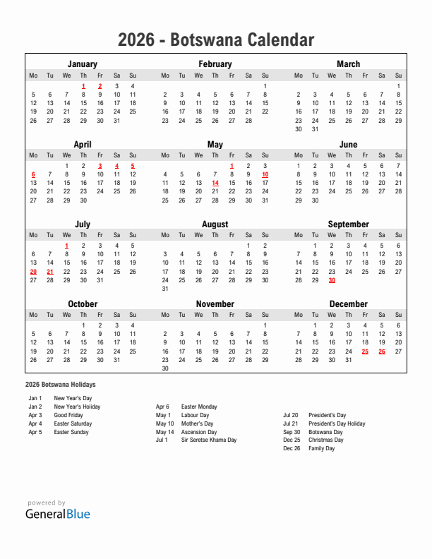 Year 2026 Simple Calendar With Holidays in Botswana