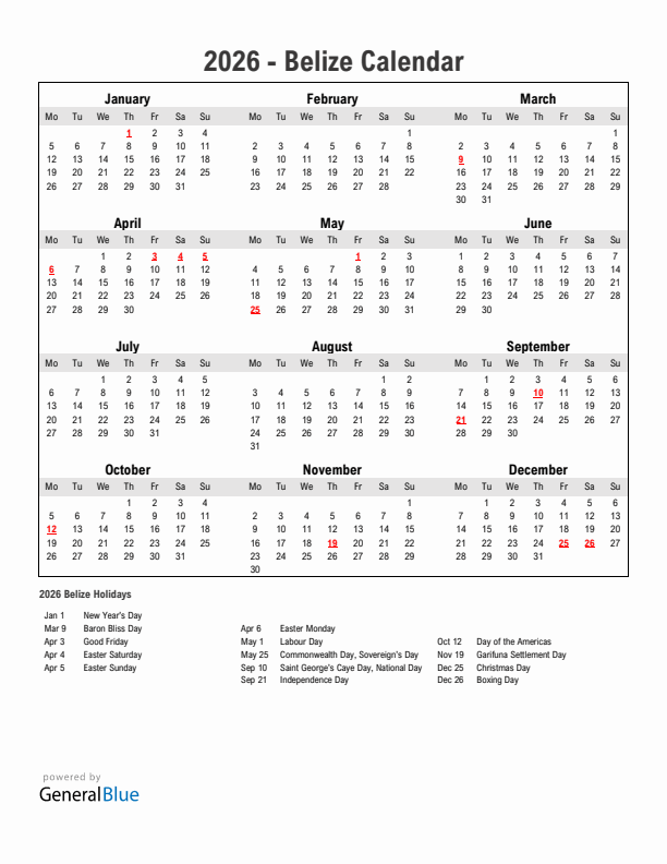 Year 2026 Simple Calendar With Holidays in Belize