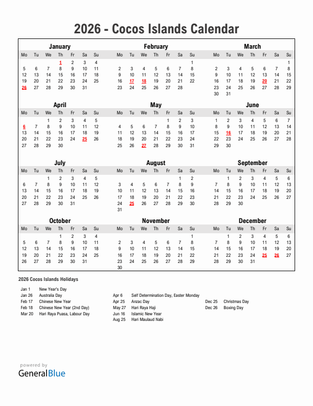 Year 2026 Simple Calendar With Holidays in Cocos Islands