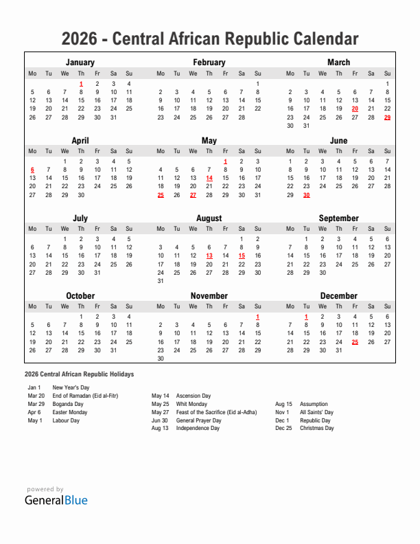 Year 2026 Simple Calendar With Holidays in Central African Republic
