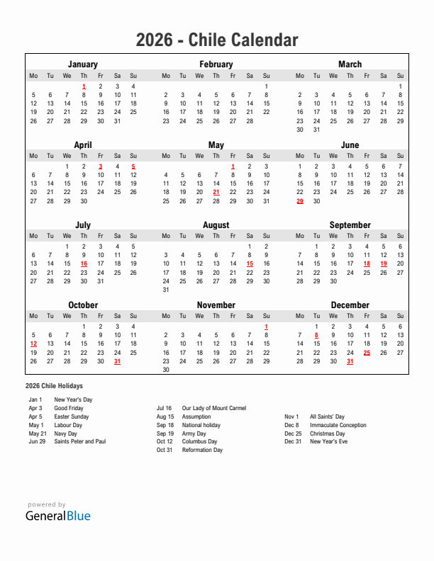 Year 2026 Simple Calendar With Holidays in Chile