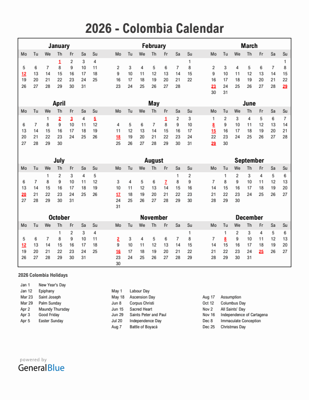 Year 2026 Simple Calendar With Holidays in Colombia