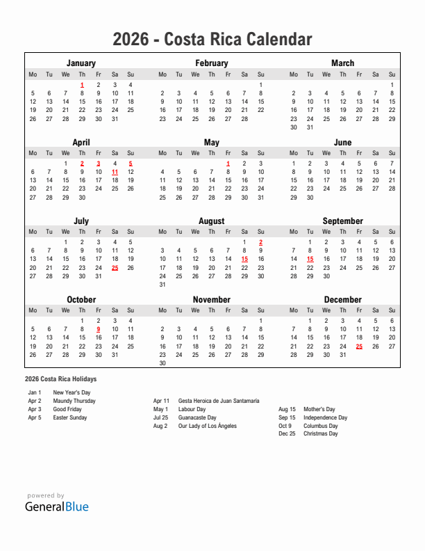 Year 2026 Simple Calendar With Holidays in Costa Rica