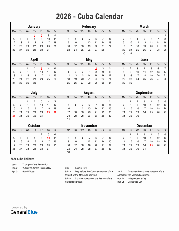 Year 2026 Simple Calendar With Holidays in Cuba