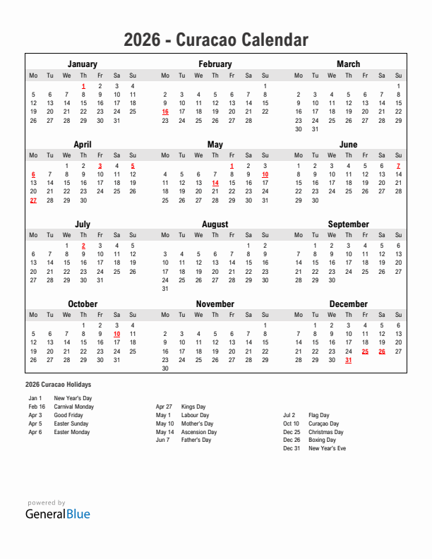 Year 2026 Simple Calendar With Holidays in Curacao