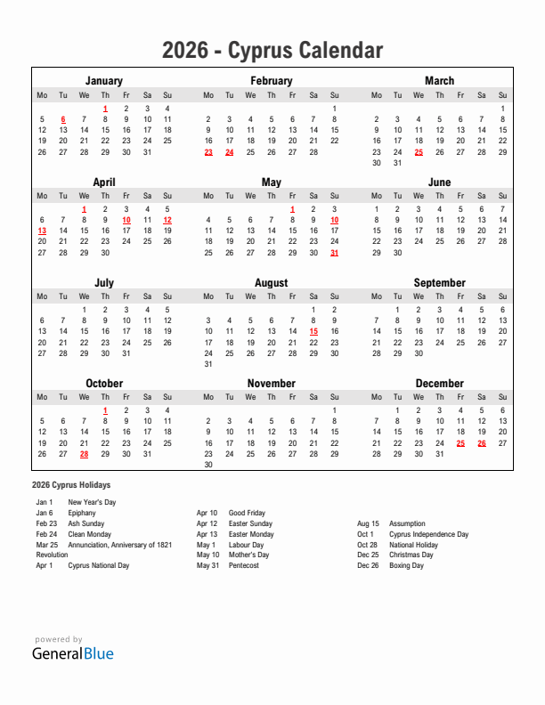 Year 2026 Simple Calendar With Holidays in Cyprus