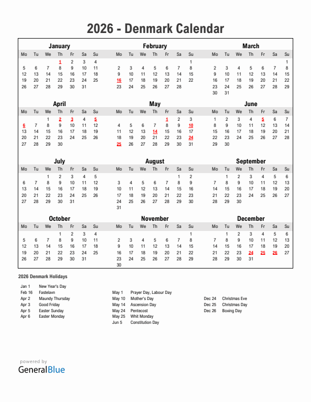 Year 2026 Simple Calendar With Holidays in Denmark