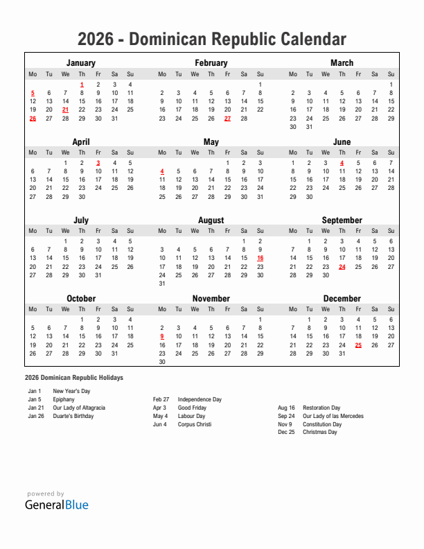 Year 2026 Simple Calendar With Holidays in Dominican Republic