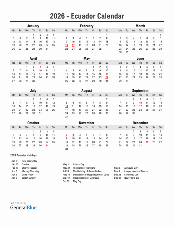 Year 2026 Simple Calendar With Holidays in Ecuador