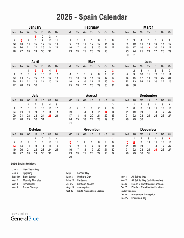 Year 2026 Simple Calendar With Holidays in Spain