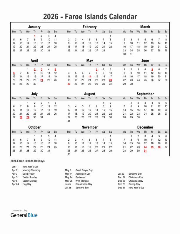 Year 2026 Simple Calendar With Holidays in Faroe Islands