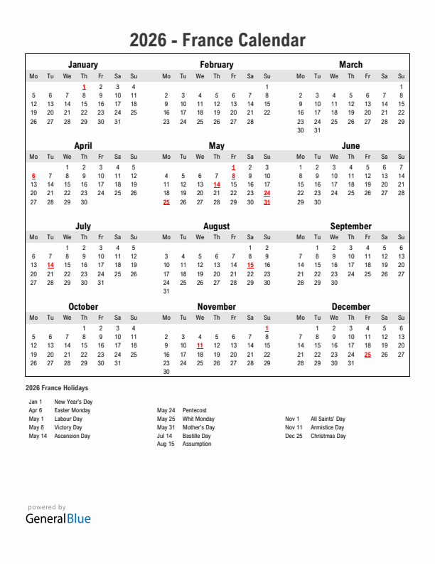 Year 2026 Simple Calendar With Holidays in France