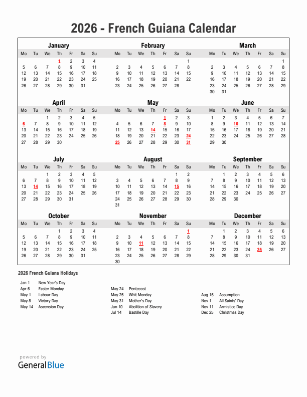 Year 2026 Simple Calendar With Holidays in French Guiana