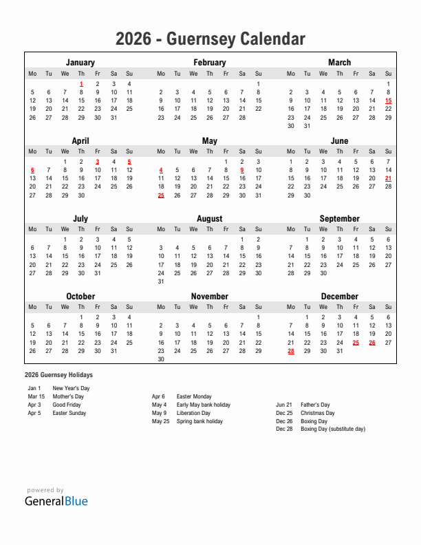 Year 2026 Simple Calendar With Holidays in Guernsey