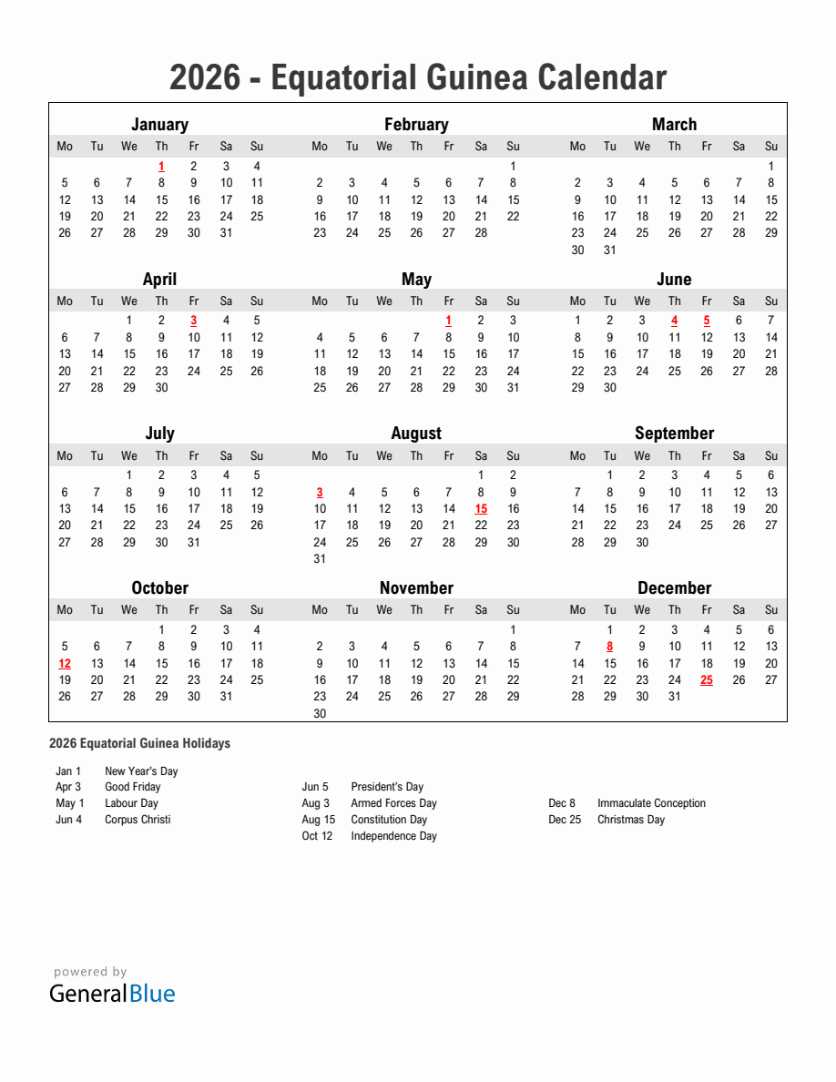 Year 2026 Simple Calendar With Holidays In Equatorial Guinea