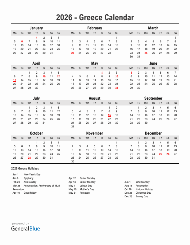 Year 2026 Simple Calendar With Holidays in Greece