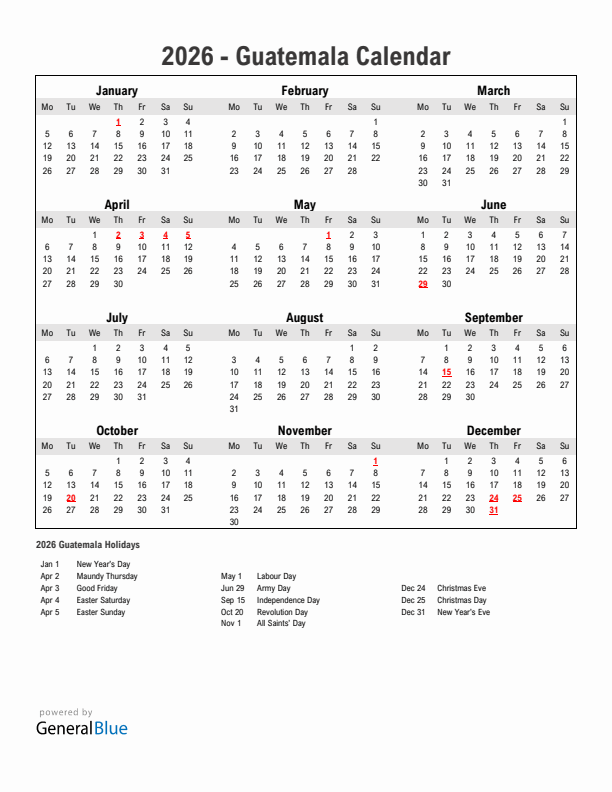 Year 2026 Simple Calendar With Holidays in Guatemala