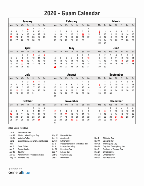 Year 2026 Simple Calendar With Holidays in Guam