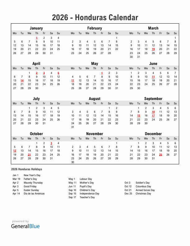 Year 2026 Simple Calendar With Holidays in Honduras