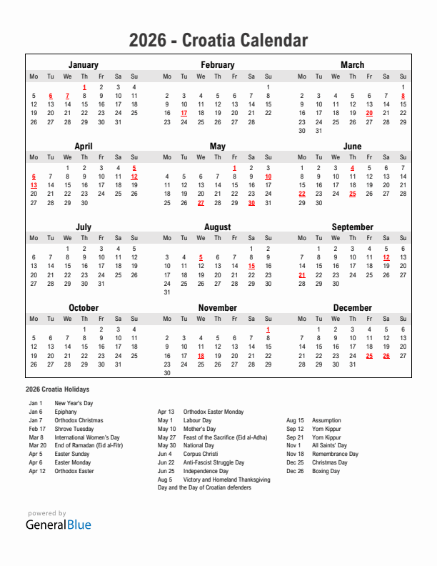 Year 2026 Simple Calendar With Holidays in Croatia