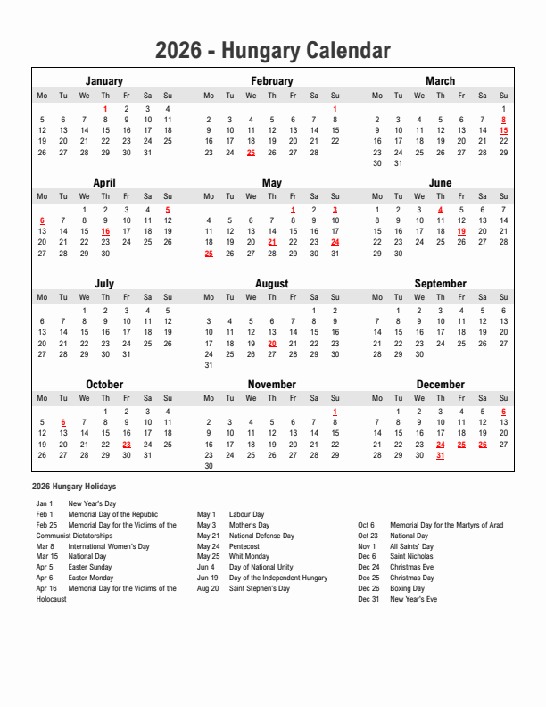 Year 2026 Simple Calendar With Holidays in Hungary