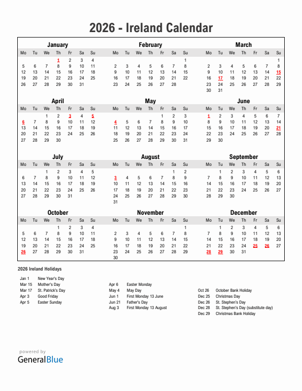 Year 2026 Simple Calendar With Holidays in Ireland