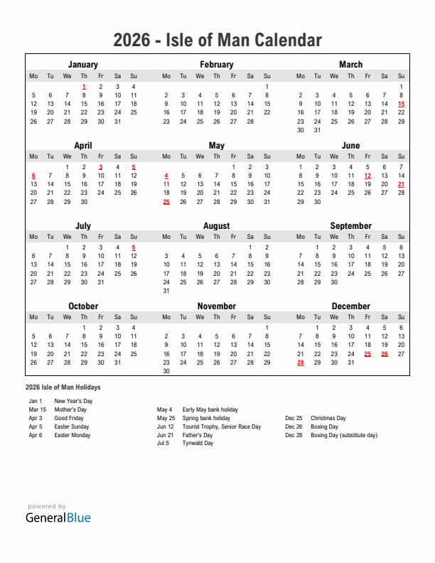Year 2026 Simple Calendar With Holidays in Isle of Man