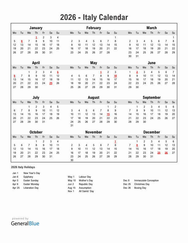Year 2026 Simple Calendar With Holidays in Italy