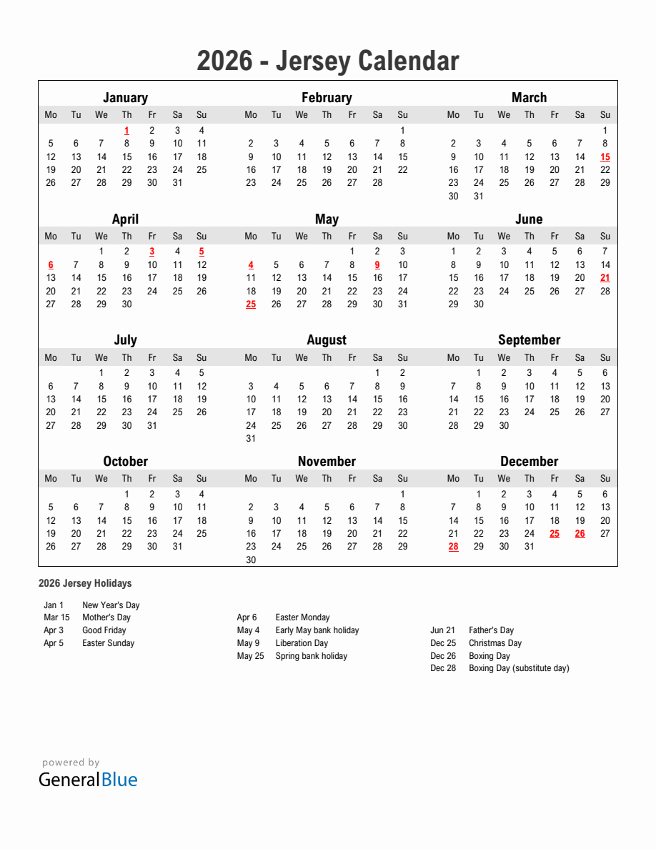Year 2026 Simple Calendar With Holidays In Jersey