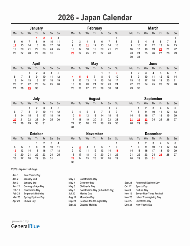 Year 2026 Simple Calendar With Holidays in Japan