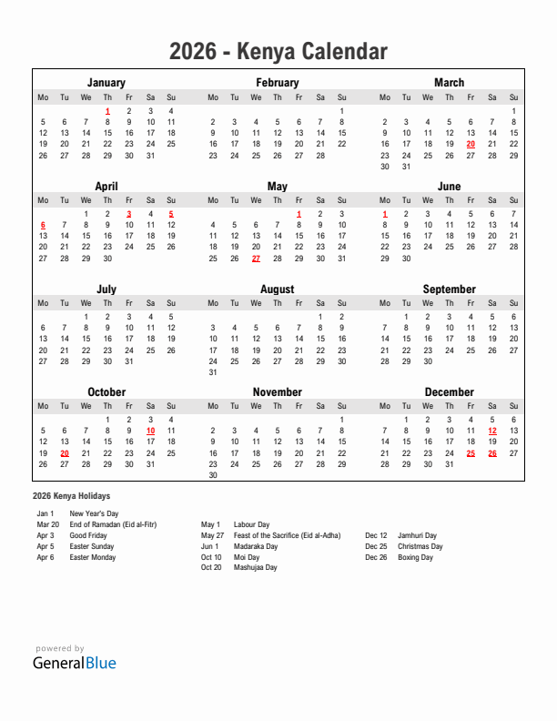 Year 2026 Simple Calendar With Holidays in Kenya