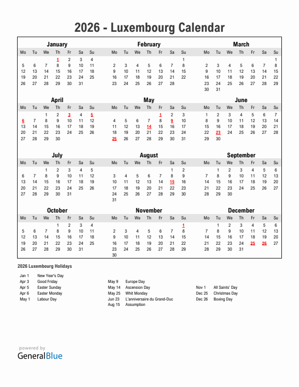 Year 2026 Simple Calendar With Holidays in Luxembourg