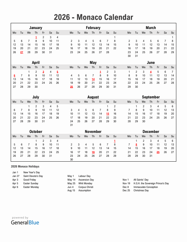 Year 2026 Simple Calendar With Holidays in Monaco