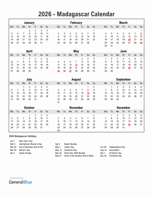 Year 2026 Simple Calendar With Holidays in Madagascar