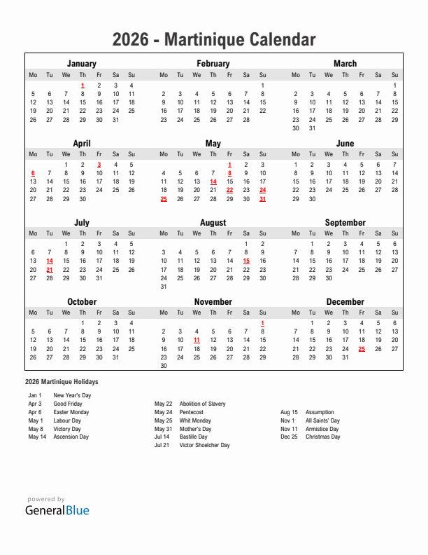 Year 2026 Simple Calendar With Holidays in Martinique