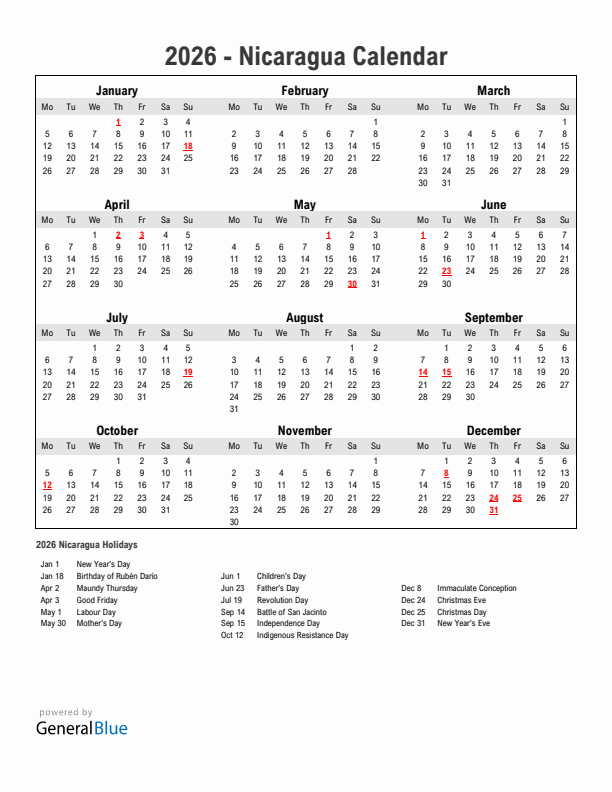 Year 2026 Simple Calendar With Holidays in Nicaragua